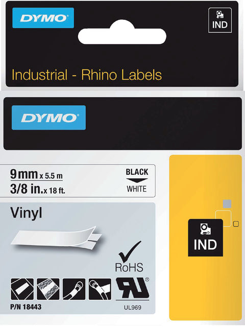 Dymo - Labe Rhino 18443 Vinyl 9 mmx5,5 m noir sur blanc