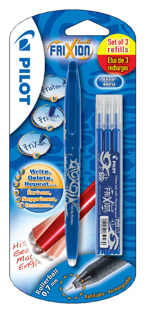 Pilot - gelroller Frixion Ball, blister van 4 stuks (1 gelroller + 3 vullingen), blauw