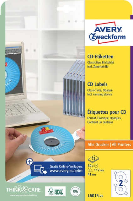 Avery Zweckform - Zweckform L6015-25 Étiquettes de CD, diamètre 117 mm, 50 étiquettes, blanc