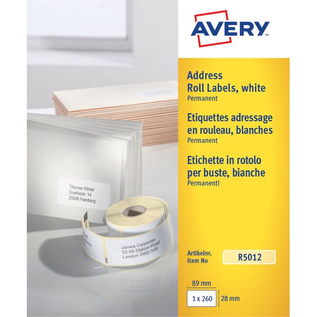 Avery - Etiket avery r5012 thermisch 89x28mm wit 260 stuks