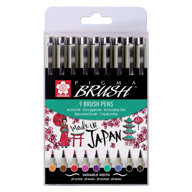 Sakura - brushpen Pigma Brush, etui van 9 stuks, in geassorteerde kleuren