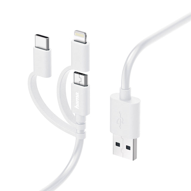 Cable Hama USB-micro 3-en-1 avec adaptateur à USB-C et à la foudre de 1 mètre blanc