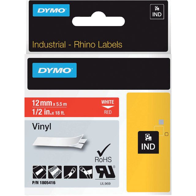 Dymo - Rhino vinyle 12 mm, blanc sur rouge