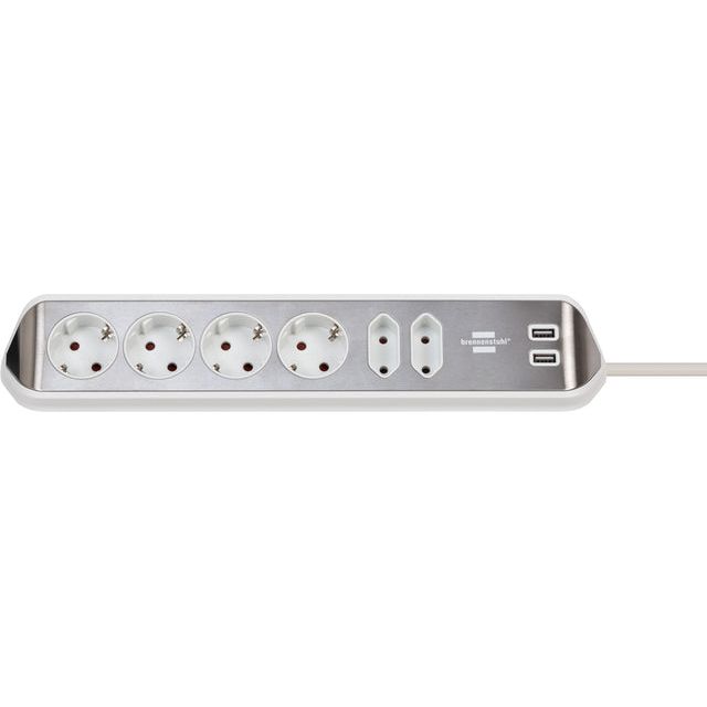 Brennenstuhl - Socket Bureau Estilo 6 - inkl. 2 USB 200 cm Weiß Silber | 6 Stücke