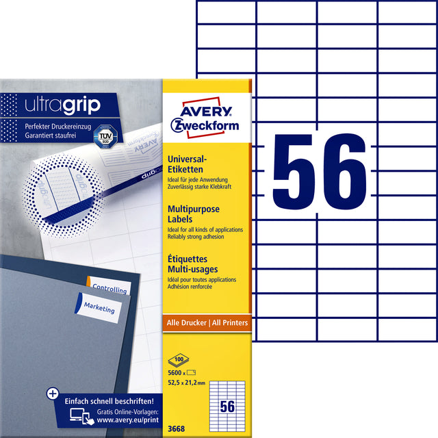 Avery Zweckform - Zweckform 3668, labels universels, ultragrip, blanc, 100 feuilles, 56 par feuille, 52,5 x 21,2 mm