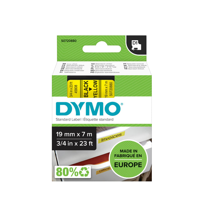 Dymo - Labele 45808 D1 720880 19mmx7m Black OP Geel | 5 pièces