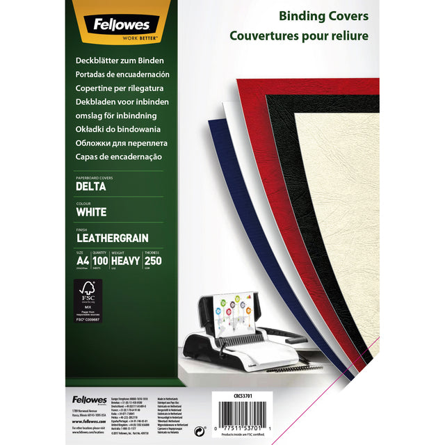 Fellowes - Covers, Ft A4, look en cuir en carton, 250 micron, paquet de 100 pièces, blanc