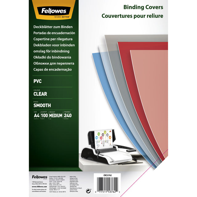 Fellowes - Feuille de couverture A4 PVC 240micron 100 pièces