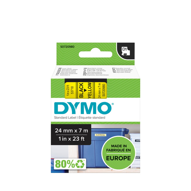 Dymo - D1 Polyester permanent 24 mm, noir sur jaune