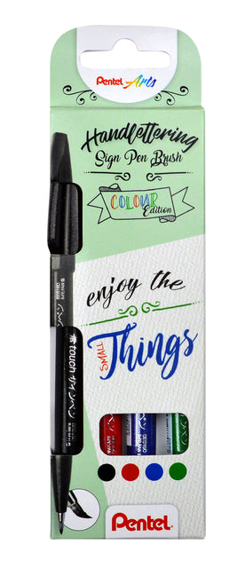 Pentel - brushpen Sign Pen Brush Touch, kartonnen etui met 4 stuks: zwart, blauw, rood en groen