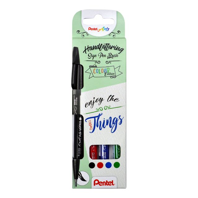 Pentel - brushpen Sign Pen Brush Touch, kartonnen etui met 4 stuks: zwart, blauw, rood en groen