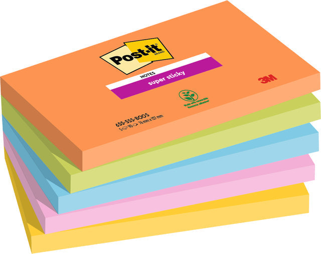 Post -it - Super Sticky Notes boost, 90 feuilles, FT 76 x 127 mm, couleurs assorties, paquet de 5 blocs