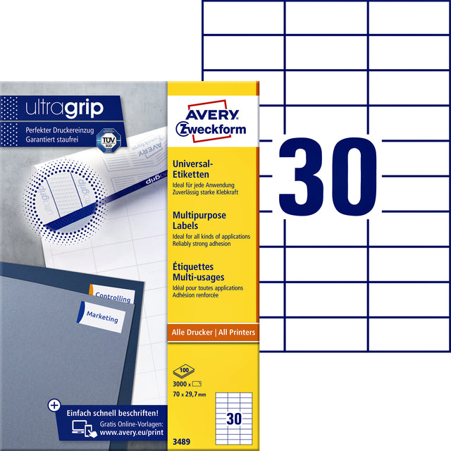 Avery Zweckform - Zweckform 3489, Universele etiketten, Ultragrip, wit, 100 vel, 30 per vel, 70 x 29,7 mm