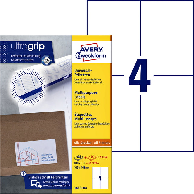 Avery Zweckform - Zweckform 3483-2, Universele etiketten, Ultragrip, wit, 200 vel, 4 per vel, ft 105 x 148 mm