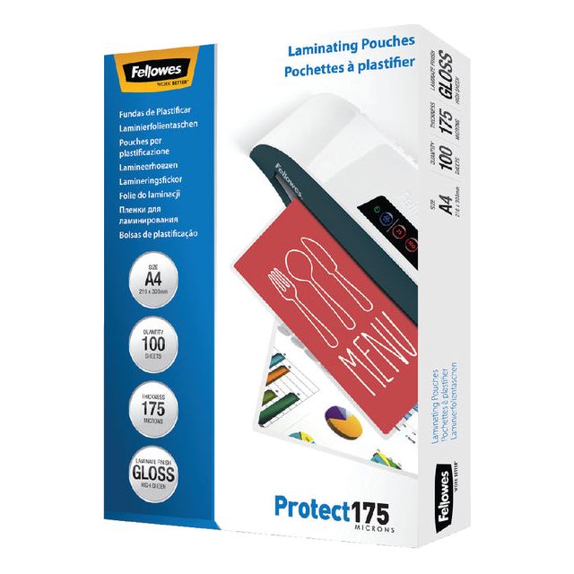 Fellowes - Couvercle de laminage Protect175 Ft A4, 350 micron (2 x 175 micron), paquet de 100 pièces