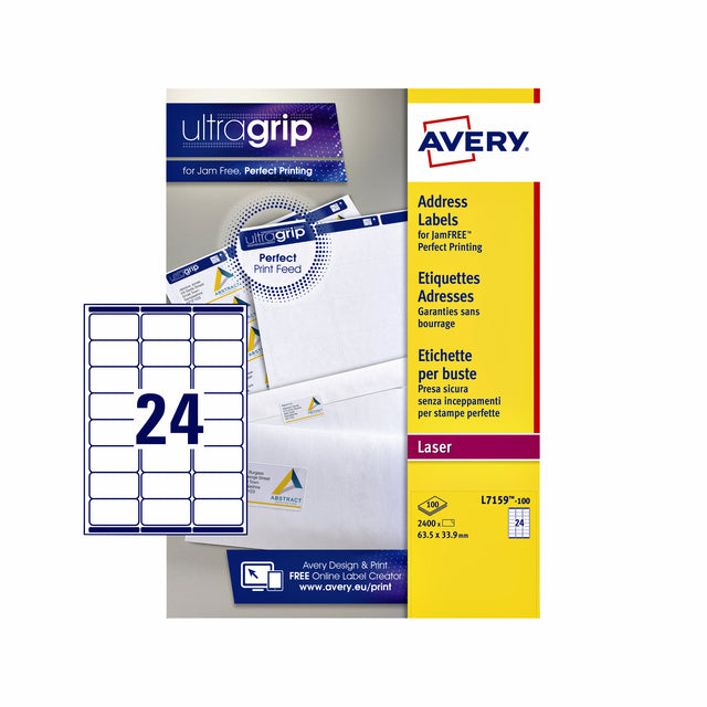 Avery - L7159, étiquettes d'adresse, laser, ultra adhérence, blanc, 100 feuilles, 24 par feuille, 63,5 x 33,9 mm