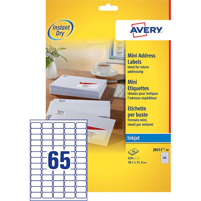 Avery - J8651-10 Mini Labels FT 38,1 x 21,2 mm (B x H), 650 Étiquettes, blanc