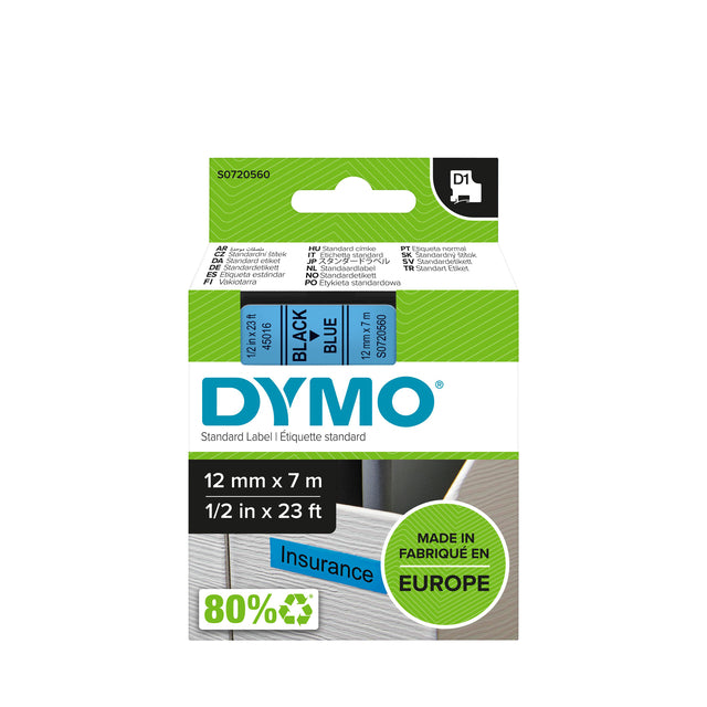 Dymo - D1 e 12 mm, zwart op blauw