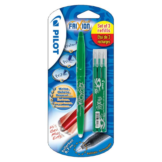 Pilot - gelroller Frixion Ball, blister van 4 stuks (1 gelroller + 3 vullingen), groen