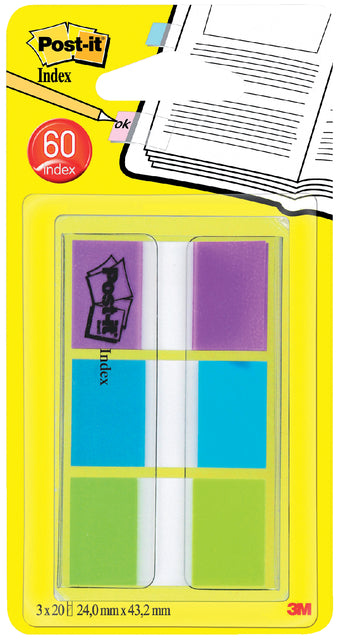 Post-it - Index standaard, ft 25,4 x 43,2 mm, blister met 3 kleuren, 20 tabs per kleur