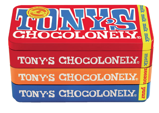 Tony's Chocolonely - Barne de chocolat 180gr dans la boîte de lait pur et de sel de mer au caramel | 8 pièces