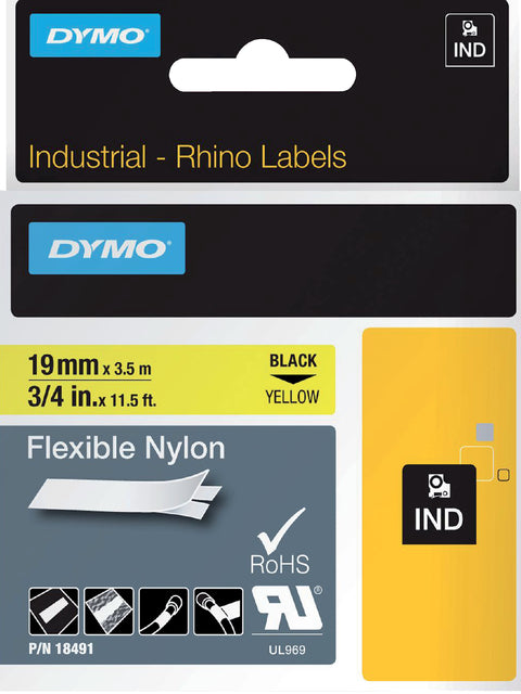 Dymo - Labe Rhino 18491 Nylon 19mmx3,5m Black OP Geel