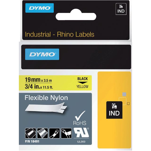 Dymo - Labe Rhino 18491 Nylon 19mmx3,5m Black OP Geel