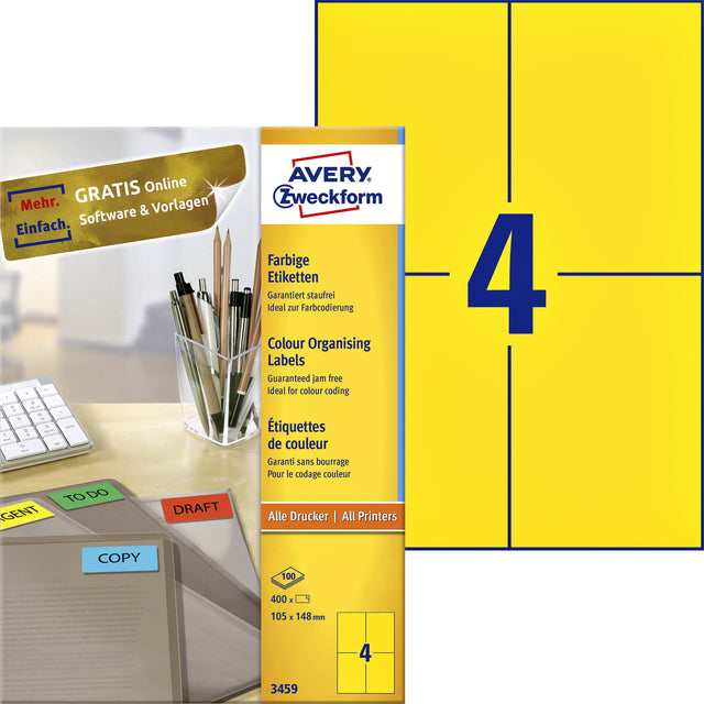 Avery Zweckform - Étiquettes universelles colorées ft 105 x 148 mm (B x H), 400 pièces, jaune