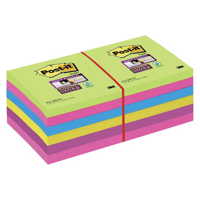 Memoblok 3M Post-it 654 Super Sticky 76x76mm Rainbow 90 Fiche