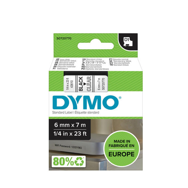 Dymo - Labele 43610 D1 720770 6 mmx7m noir sur transparent