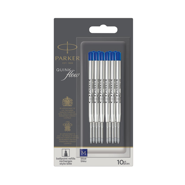 Parker - remplissage de quinkflow pour le stylo à bille, moyen, bleu, boursier avec 10 pièces