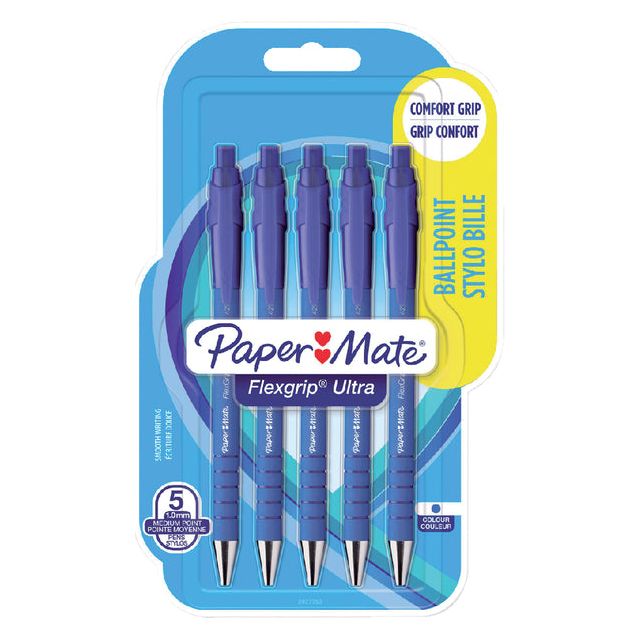 Paper Mate - Ballpen Flexgrip Ultra RT Medium, cloque de 5 pièces, bleu