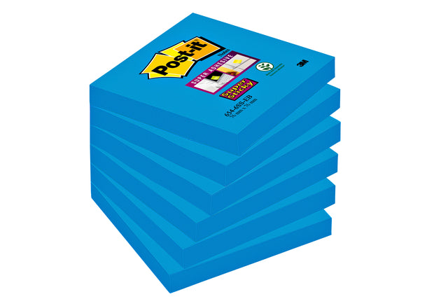 Post-it - Super Sticky notes, 90 vel, ft 76 x 76 mm, pak van 6 blokken, blauw (paradise blue)