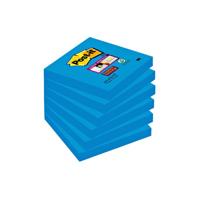 Post -it - Super Sticky Notes, 90 Blatt, ft 76 x 76 mm, Packung mit 6 Blöcken, blau (Paradiesblau)