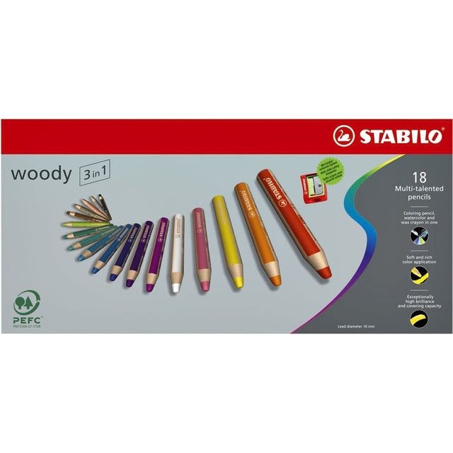 Farbige Stifte Stabilo Woody 880/18 Set von 18 Farben mit einem Bleistiftschützer