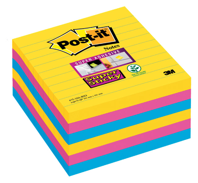 Post -it - Super Sticky Notes xl Carnival, 90 Blatt, ft 101 x 101 mm, ausgekleidet, Assorti -Anzug von 6 Blöcken