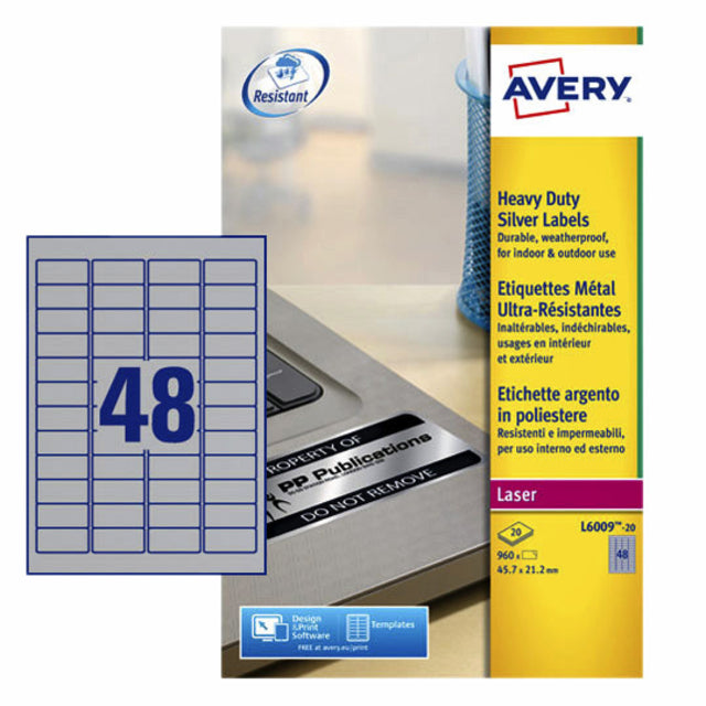 Avery Zweckform - Ultra -sterke silberfarbene Etiketten ft 45,7 x 21,2 mm (B x H), 960 Stück, 48 pro Blatt