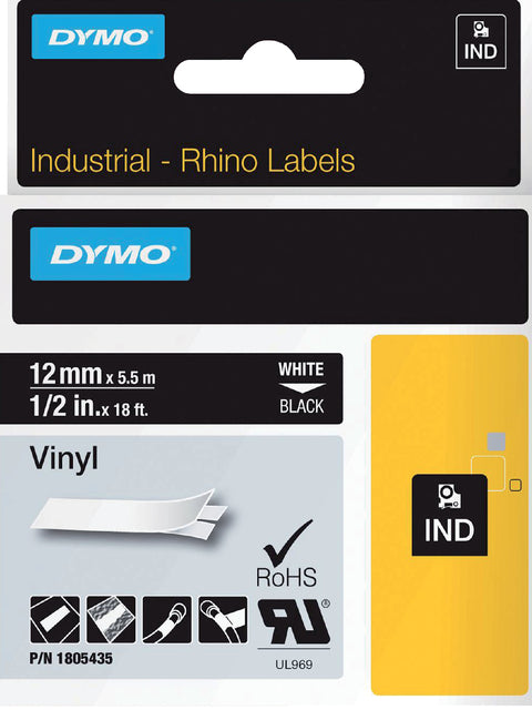 Dymo - Rhino vinyle 12 mm, blanc sur noir