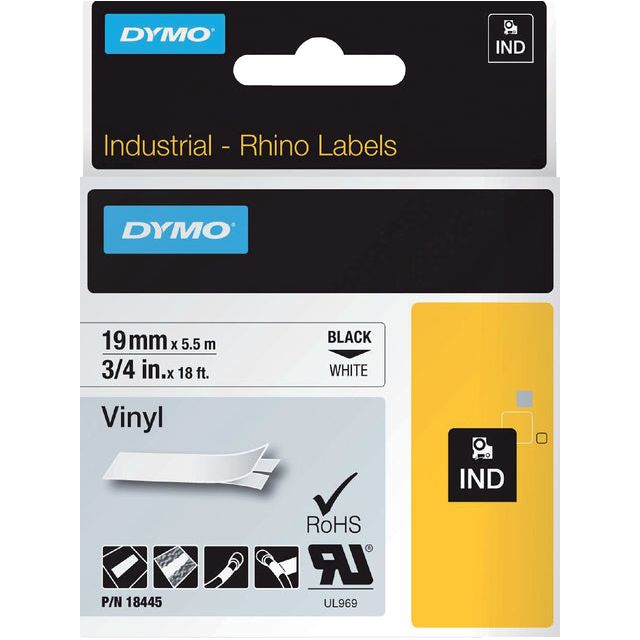 Dymo - Labe Rhino 18445 vinyle 19mmx5,5 m noir sur blanc