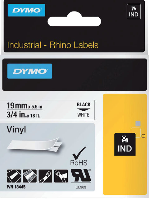 Dymo - Labe Rhino 18445 vinyle 19mmx5,5 m noir sur blanc