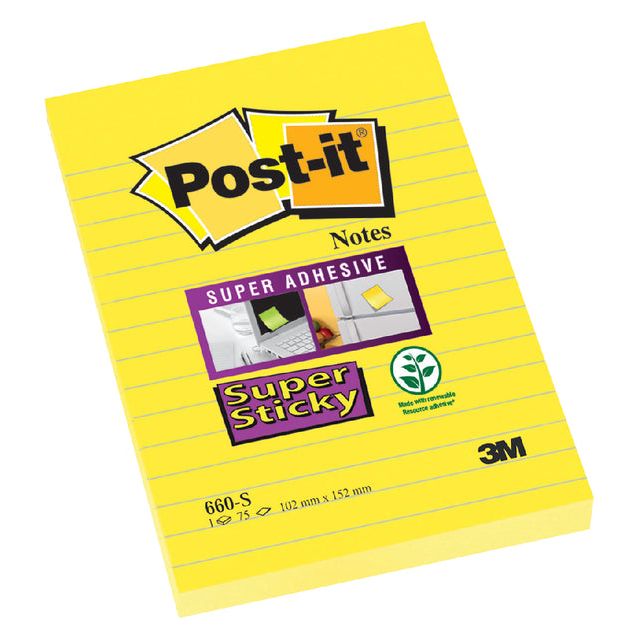 POST -IT - MEMOBLOK 660 Super Sticky 102x152 Jaune avec ligne | 6 pièces