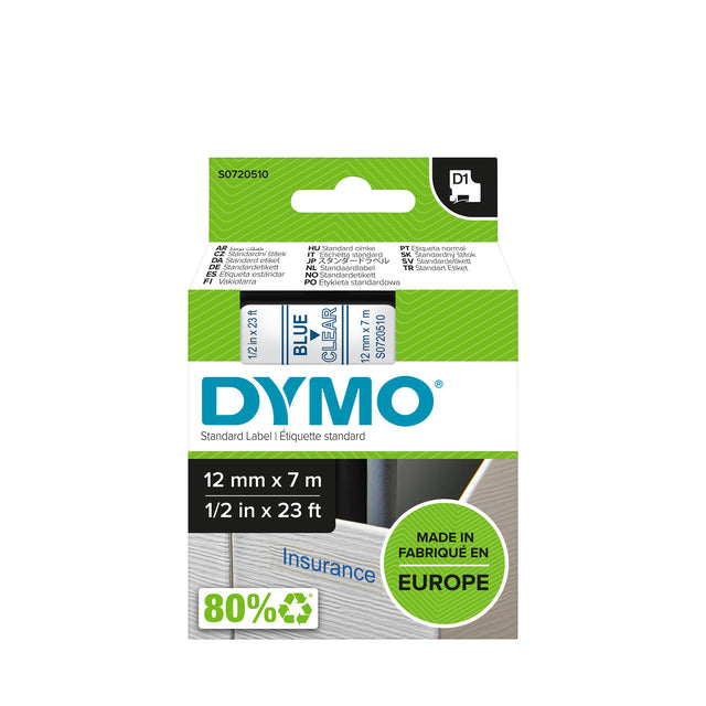 Ruban étiqueté Dymo 45011 D1 720510 12 mmx7m bleu sur transparent