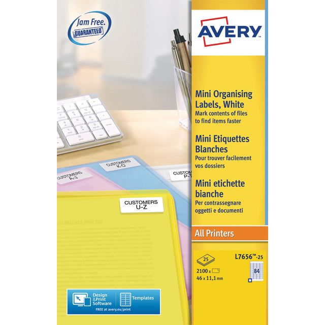 Avery - Mini -Labels ft 46 x 11,1 mm (b x h), 2.100 Stück, 84 pro Blatt, Schachtel mit 25 Blättern