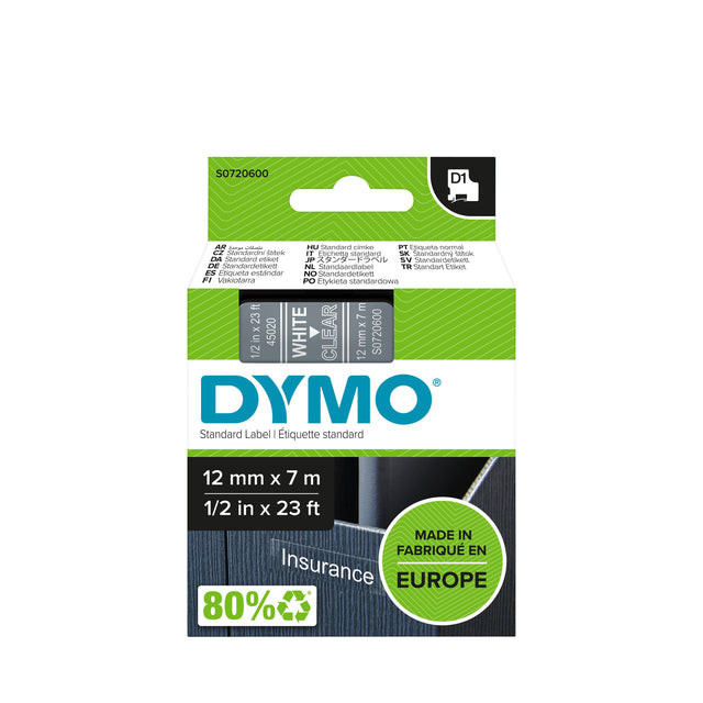 Dymo - Labele 45020 D1 720600 12 mmx7m blanc sur transparent | 5 pièces