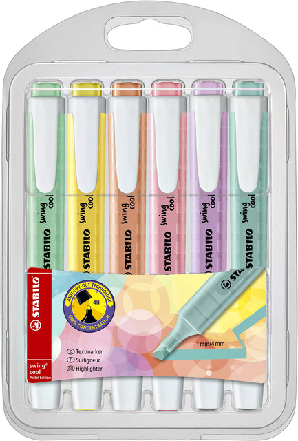 STABILO - swing cool pastel markeerstift, plastic etui van 6 stuks in geassorteerde kleuren