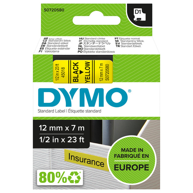 Dymo - d1 e 12 mm, noir sur jaune