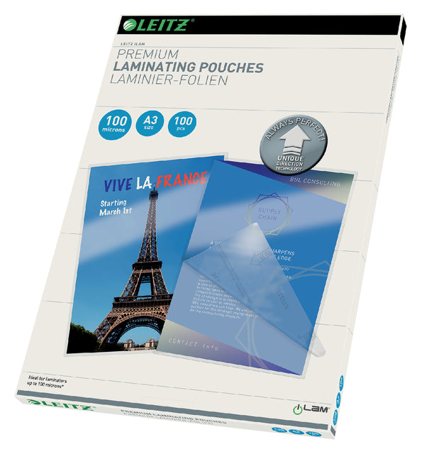 Leitz - couverture de laminage UDT FT A3, 200 micron (2 x 100 microns), 100 pièces pack