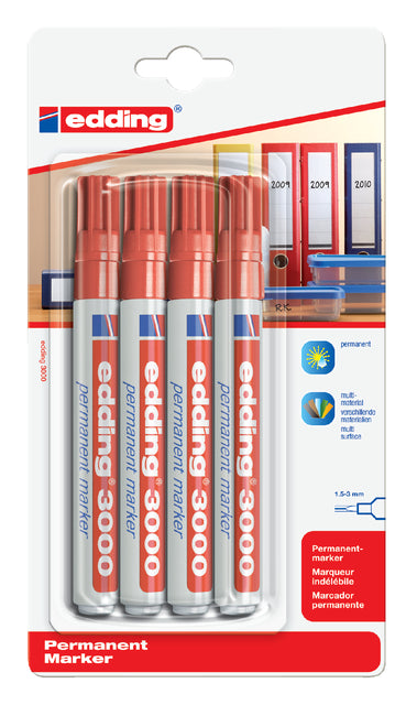 Edding - Felt -Tip Edding 3000 autour de la blister rouge de 1,5 à 3 mm à 4e | 10 pièces