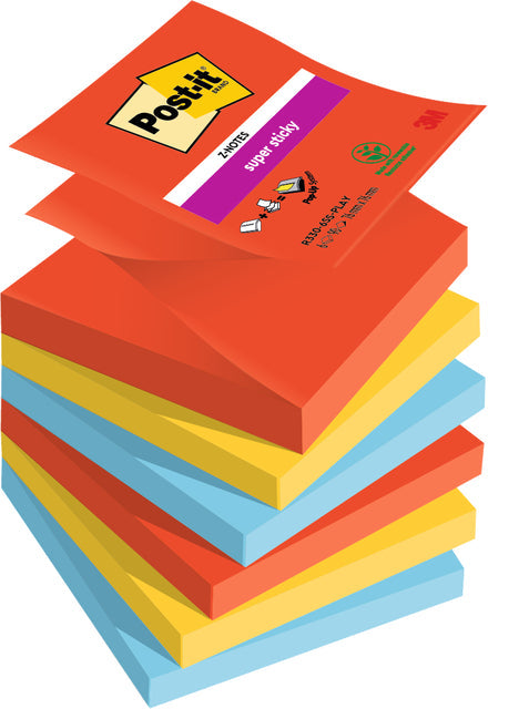 Post-it - Super Sticky Z-notes Playful, 90 vel, ft 76 x 76 mm, geassorteerde kleuren, pak van 6 blokken