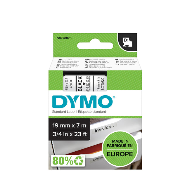 Dymo - d1 e 19 mm, noir sur transparent